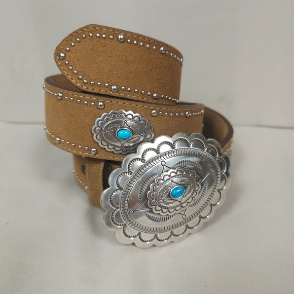 Tony Lama Accessories - Tony Lama Western Concho Belt Size 36 Brown Suede Studded Faux Turquoise Silver